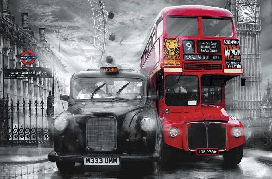 Fototapete RED BUS ON WESTMINSTER BRIDGE 175x115 London Big Ben Themse rot s-w